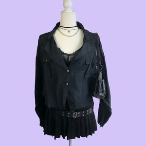 Vintage 80s 90s One Resource 100% Silk Black Cropped Utility Jacket Blouse Large